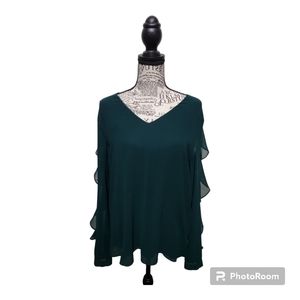 Calvin Klein, Hunter Green, Ruffle Long Sleeve Blouse, Size M